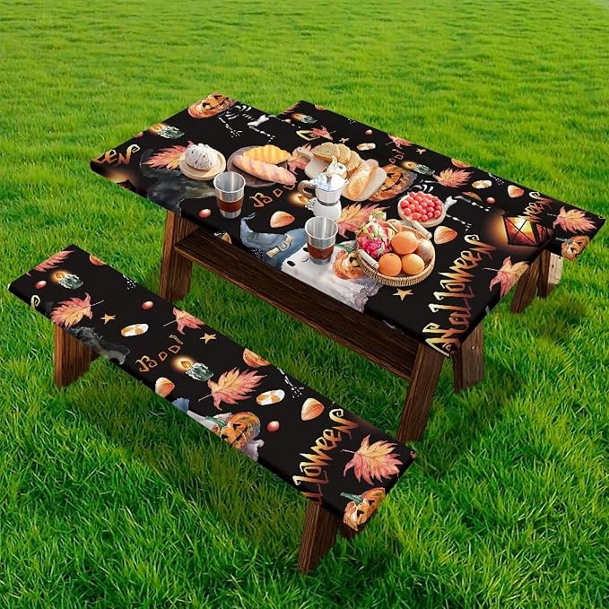 Halloween Picnic Table Cover with Bench Covers Ghost Pumpkin Outdoor Camping Essentials 3PCS Fitted Rectangle Table Covers for Family Gatherings Vacations BBQ Party