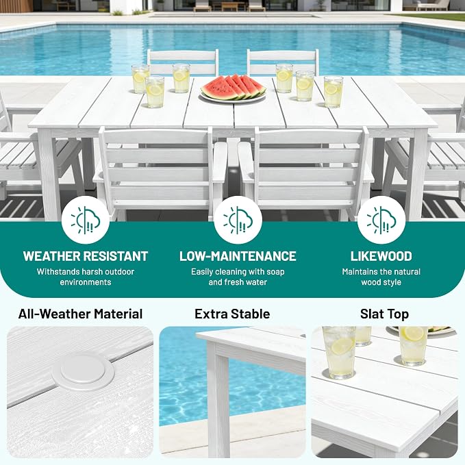 PLUUV 7-Piece Outdoor Patio Dining Set, All-Weather HDPE Dining Furniture Set with Umbrella Hole Cut-Out Table, Aluminum Table Legs, and 6 Chairs, Waterproof & Easy Clean for Backyard, Garden, White