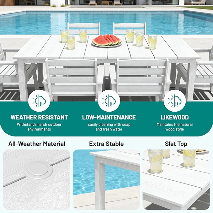 PLUUV 5-Piece Patio Dining Set, Hdpe Outdoor Patio Furniture Set with Aluminum Table Legs & Umbrella Hole, All-Weather Resistant Patio Table Set for Garden, Backyard, 4 Chairs & 1 Table, White