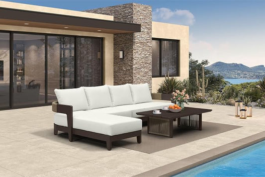 PURPLE LEAF Patio Furniture Set with Right-Arm Daybed and Table 5 Pieces Modern Aluminum Sectional Sofa Outdoor Conversation Sets 7.87" Thick Removable Cushions & Pillows for Porch Yard Garden