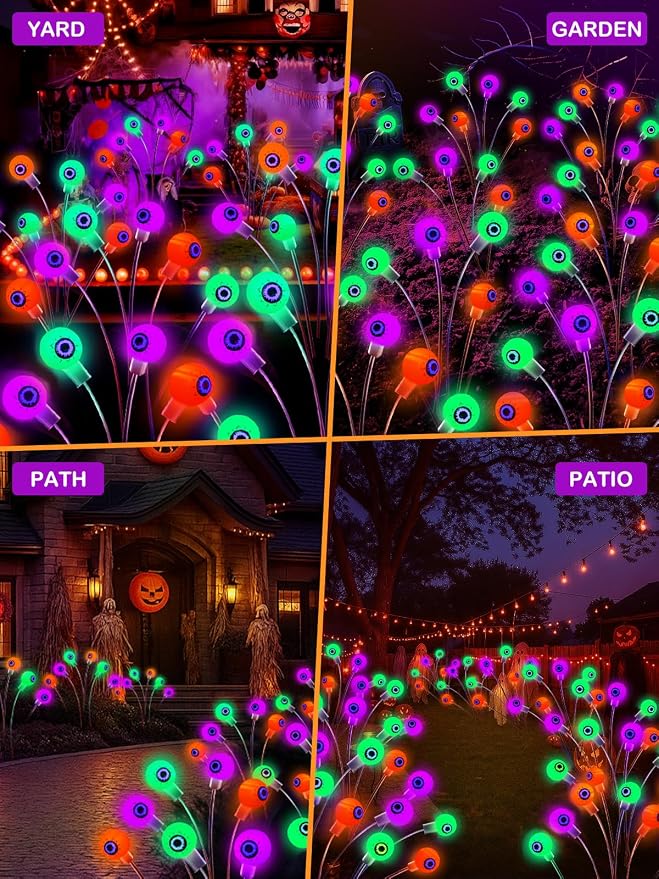 6 Pack Solar Halloween Decorations Outdoor 36 LED Solar Eyeball Lights | Orange Purple Green Halloween Lights, Sway by Wind, IP65 Waterproof, 2 Modes, for Pathway Garden Yard Lawn Horror Party Decor