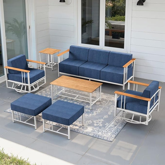 Luxury Outdoor Furniture Set with Swivel Chairs, 7 PCS Patio Furniture Set with 6" Extra Thick Cushions, Suitable for Porch, Balcony, Deck, Patio, Yard, Poolside, White/Blue