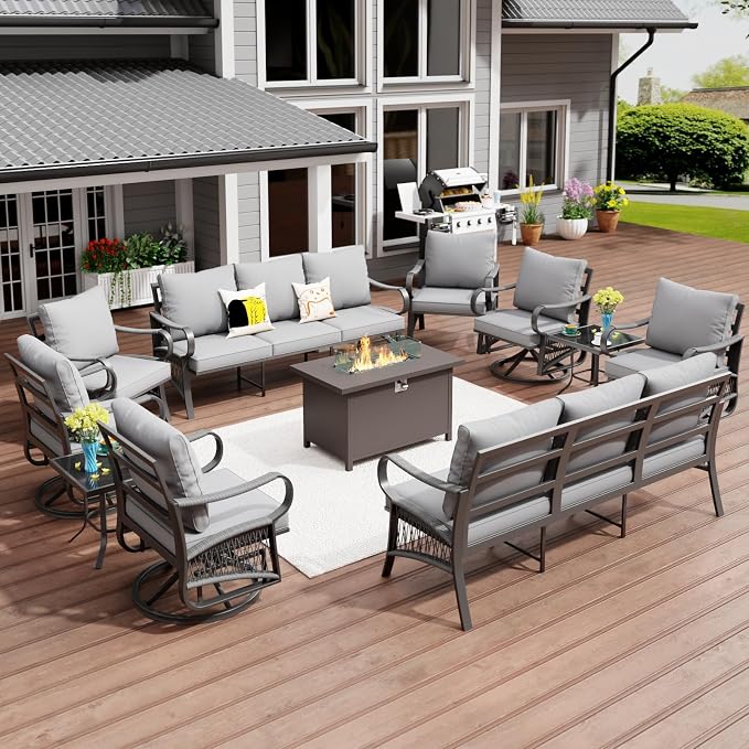 11 Piece Patio Furniture Set, All Weather Metal Outdoor Conversation Set with 50000 BTU Propane Fire Pit Table and 5" Thick Cushions, Sectional Sofa for Garden, Porch, Lawn, Grey