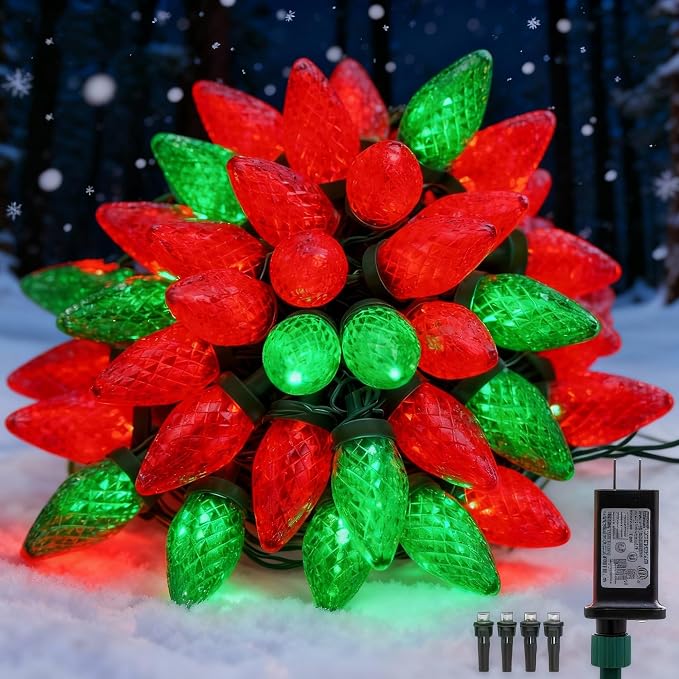 C9 LED Christmas Lights Outdoor,33 Feet 50 LED 8 Lighting Modes Waterproof Connectable Christmas String Lights for Outside Roofline Patio Home Xmas Decorations (Red & Green)