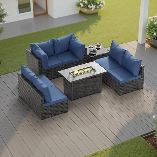 Patio Furniture Set, 8PCS Outdoor Sectional w/ Fire Pit Table PE Rattan Patio Conversation Set w/Thickened Cushion Patio Sectional Modular Wicker Patio Sofa Set w/Coffee Table for Balcony(Blue)