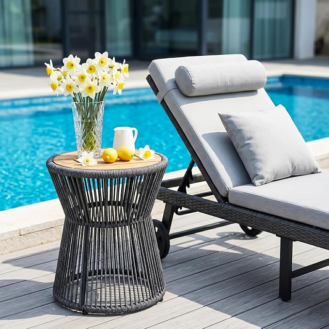 PeakPursuit Outdoor Side Table, Small End Table with Wooden Top, Woven Rope Round Coffee Tables for Patio Balcony Poolside