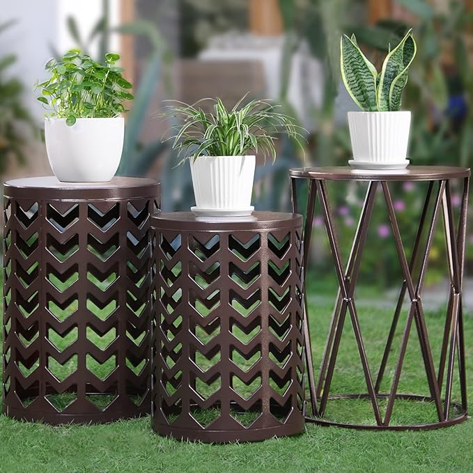 HFHOME Round Nesting Coffee Tables, Set of 3 End Tables for Living Room Balcony Office, Heavy Duty Metal Stacking Side Tables for Home Indoor - Brown