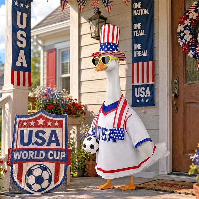 2026 World Cup Porch Goose Outfit, 23" High Lawn Goose Statue Soccer Fan Costume Clothing, FIFA World Cup 2026 Porch Garden Geese Clothes with Hat for Outdoor Patio Yard