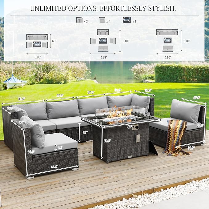 BULEXYARD 7 Piece High Back Outdoor Furniture Set with Fire Pit, Durable All Weather Wicker Patio Couch Sofa Set, Large Size Modular 6-Seater Sectional Backyard Seating Wide Deep for Lawn, Light Grey