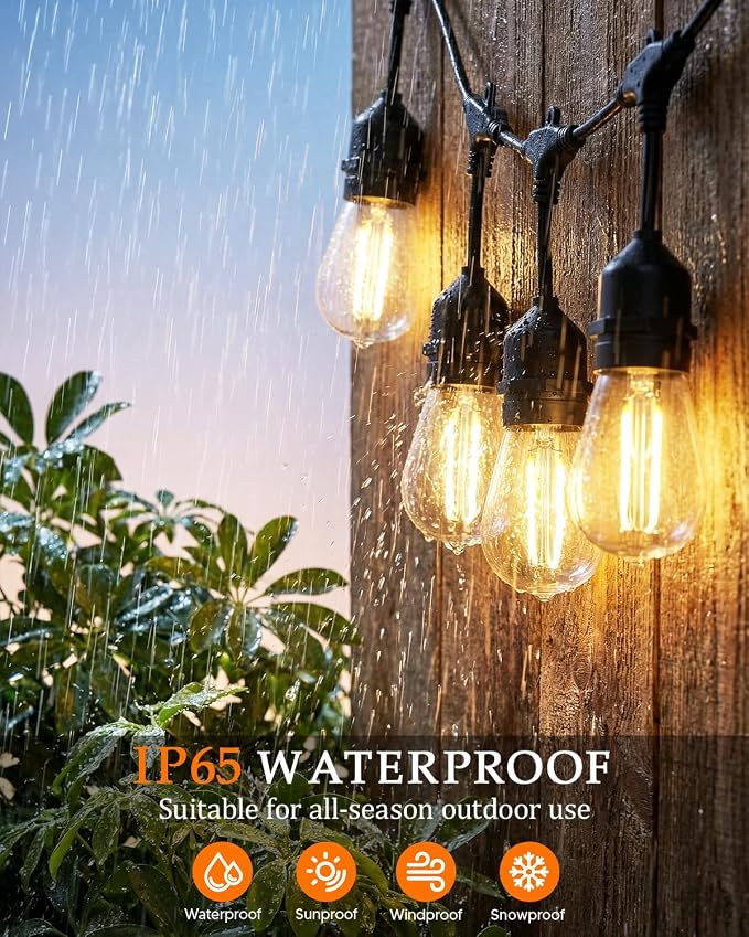 50FT S14 Outdoor String Lights, 32+2 Shatterproof Bulbs 2W, 1.5FT Spacing IP65 Waterproof| Dimmable with Remote, Heavy-Duty, Include Screw & Zip Ties for Patio Backyard Holiday Outside