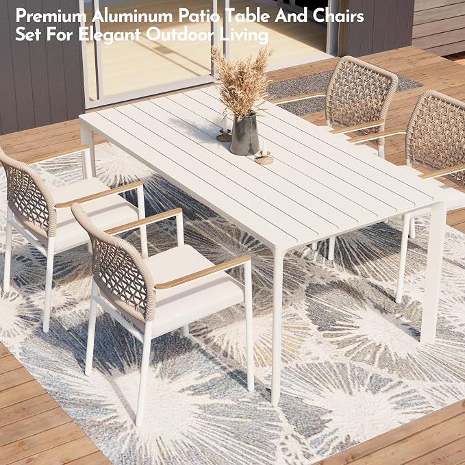 Modern Shade 5 Piece Luxury Outdoor Dining Set, Designer Outdoor Table and Chairs with Fade Resistant Cushions & FSC Teak, Premium Aluminum Patio Table and Chairs Set for Elegant Outdoor Living, Beige