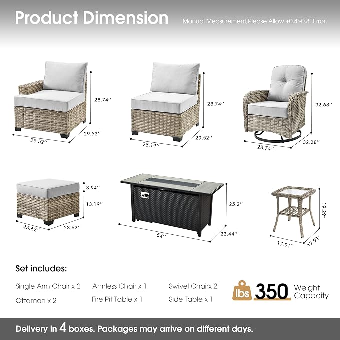 Wicker Patio Furniture Set with Fire Pit Table,9 Pieces Outdoor Sectional with Swivel Chairs Ottoman,Out Door Furniture Conversation Set,Light Grey