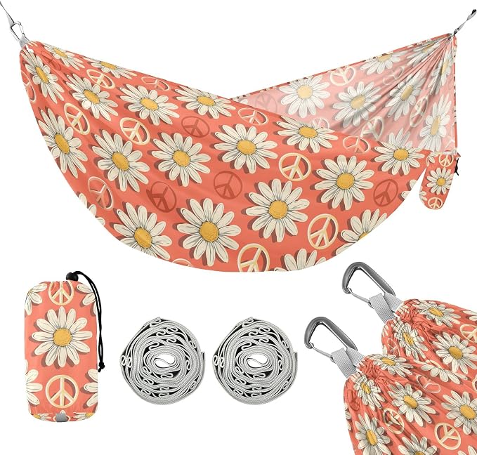 Camping Hammock Outdoor Hammocks for Outside Peace Symbol Daisy Flower Beach Trees Portable Lightweight with Pockets Tree Straps Indoor