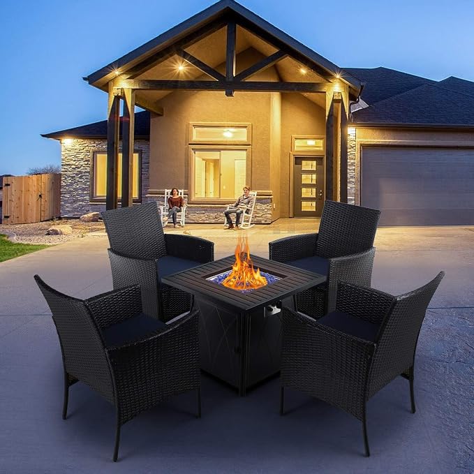 Sophia & William Patio 5 Pieces Dining Set with 1 Square Gas Fire Pit Table and 4 PE Rattan Chairs, Modern 2 in 1 50000 BTU Outdoor Propane Firepits Table Auto-ignition Black 28.4"L x 28.4"Wx 24.8"H