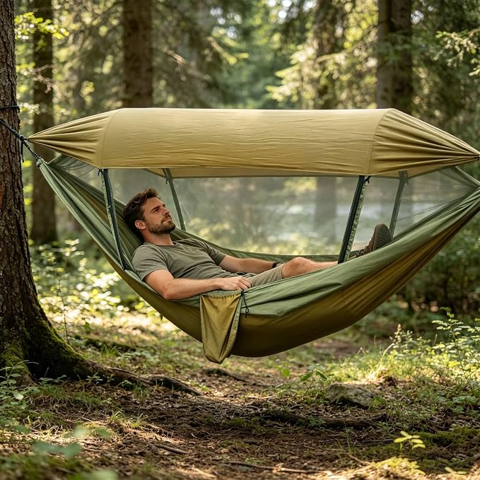 Quick Setup Hammock Including Netting and Canopy Perfect for Backyard or Holiday Sun Shelter Hammock
