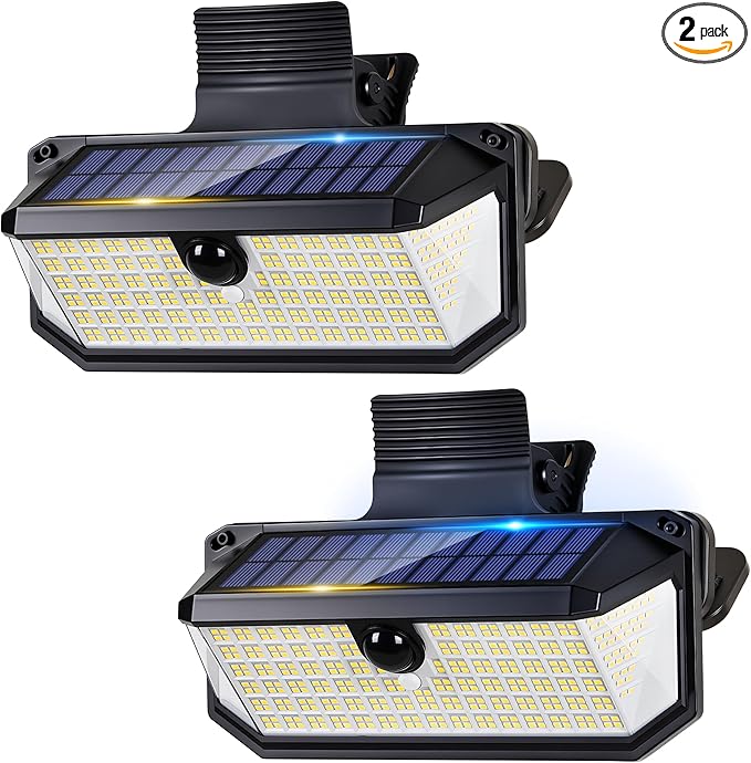 LUHLEE 416 LEDs Clip On Solar Lights Outdoor, 1500LM & 300° Angle Bright Motion Sensor Outdoor Lights with 3 Lighting Modes, IP65 Waterproof Flood Solar Light for Fence, Patio, Backyard, Gutter 2Pack