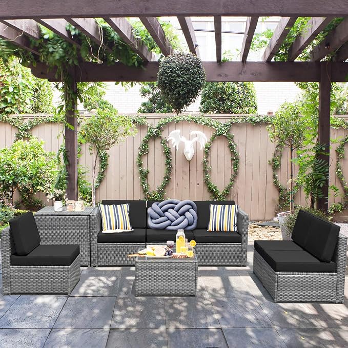 RELAX4LIFE 8-Piece Patio Furniture Set - PE Wicker Conversation Set w/Soft Cushions & Tempered Glass Storage Table, Outdoor Sectional Sofa Set for Garden, Poolside, Backyard (Black)