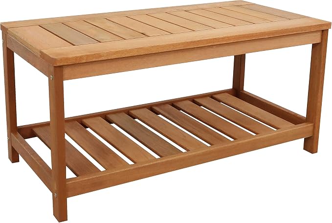 Sunnydaze Meranti Wood Outdoor Coffee Table with Storage Shelf for Living Room, Patio, or Outside – 35-Inch Rectangular Wooden Coffee Table – Ideal for Backyard Living – Teak Finish