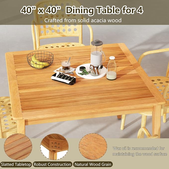 RELAX4LIFE Wooden Outdoor Dining Table for 4, 40" Square Acacia Wood Slatted Patio Table w/Umbrella Hole, Indoor Outdoor Bistro Table for Backyard Porch Garden, 4-Person Patio Dining Table