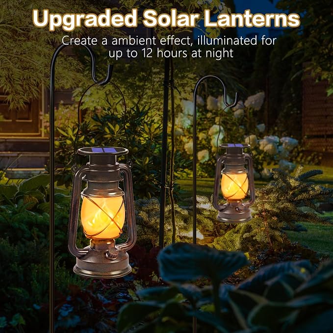 Solar Lanterns Outdoor Waterproof, 4 Pack Vintage LED Hanging Lights | Dancing Flame with Auto On/Off, Bronze Ambient Lighting Decor for Porch, Garden, Yard, Pathway, Patio & Camping