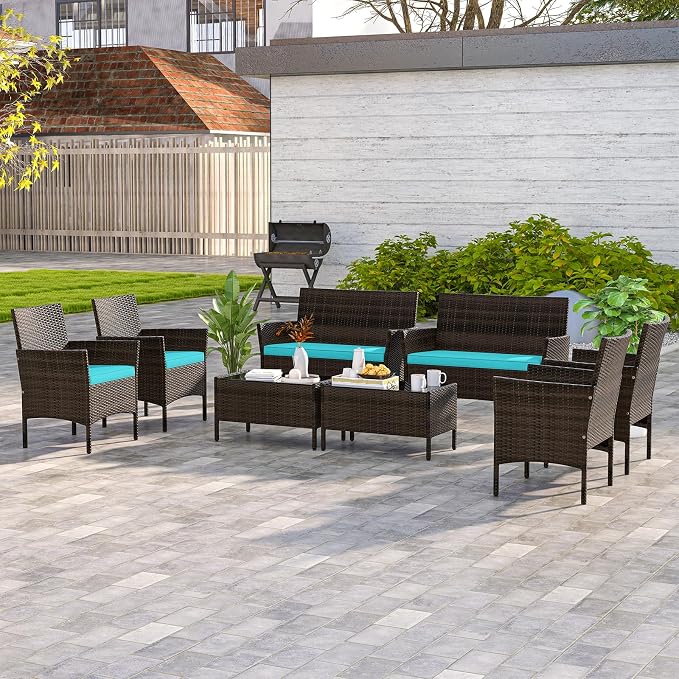 HAPPYGRILL 8 Pieces Outdoor Rattan Conversation Set, Patio Wicker Furniture Set with Loveseat Chairs & Tempered Glass Coffee Table, Outside Sectional Sofa Set for Backyard, Garden, Poolside