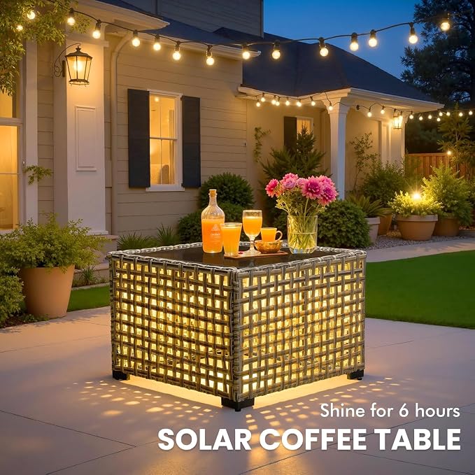 Patio Sectional Outdoor Furniture Set with Swivel Rocking Chairs and Glowing Table,8 Pieces Wicker Conversation Sets Modular Couch Out Door Sofa Outside Furniture for Garden Deck Yard Porch,Black