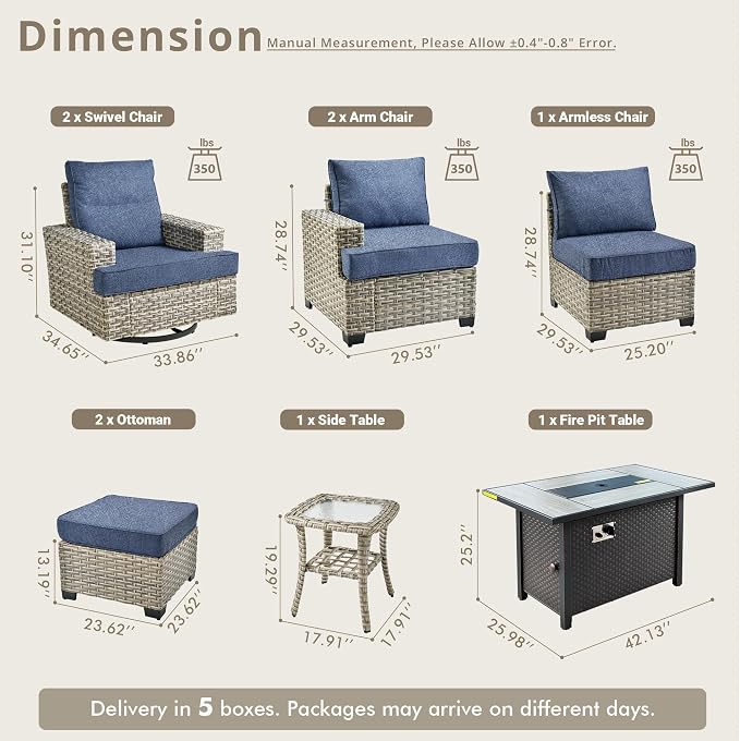 Weaxty 9 Pieces Wide Seats Outdoor Furniture Set, Sectional Couch Swivel Rocking Chair Ottoman Fire Pit Table, Thick Cushion All-Weather Rattan Patio Conversation Sets for Backyard Deck, Denim Blue