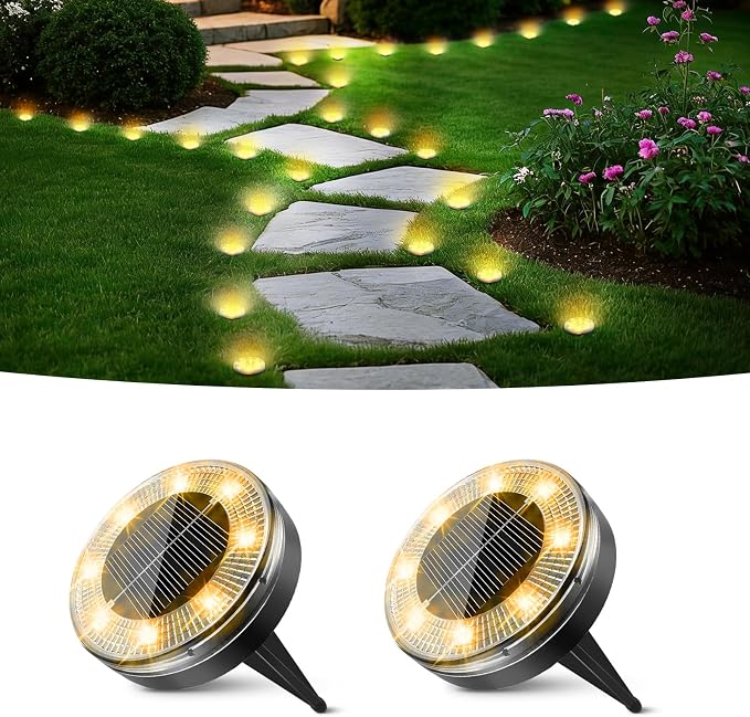 Mini Solar Ground Lights, 2 Pack Flat Solar Disc Lights Outdoor Waterproof, 2.3 Inch Small Solar Garden Lights Landscape Lighting for Outside Pathway Garden Yard Lawn Walkway,Warm White