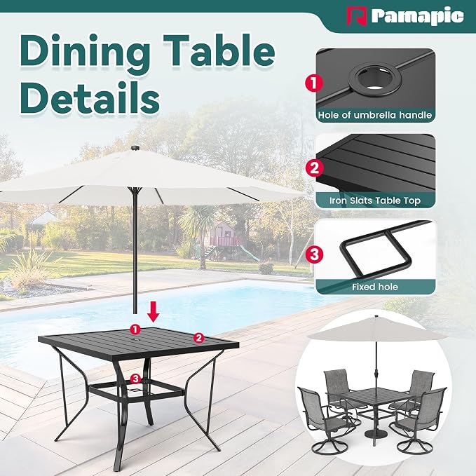Pamapic 5-Piece Patio Dining Set, Outdoor Dining Set for 4, All-Weather Outdoor Table and Chairs with Textilene 360° Swivel Chairs for Garden, Backyard, Poolside and Deck，Gray