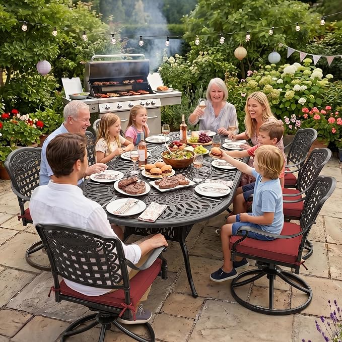 VIVIJASON 9-Piece Outdoor Patio Furniture Dining Set, All-Weather Cast Aluminum Conversation Set, Include 8 Swivel Dining Chairs and an Oval Table with Umbrella Hole for Garden Backyard, Red Cushion
