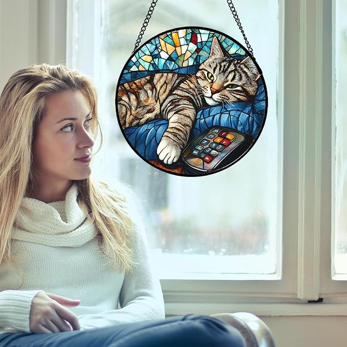 DASTOLL Stained Glass Window Hanging Gray Cat and Remote Control 7.8" - Suncatcher Door Garden Kitchen Sun Catcher Home Decor Birthday for Lost Pets Mom Men Woman Friend Grandma