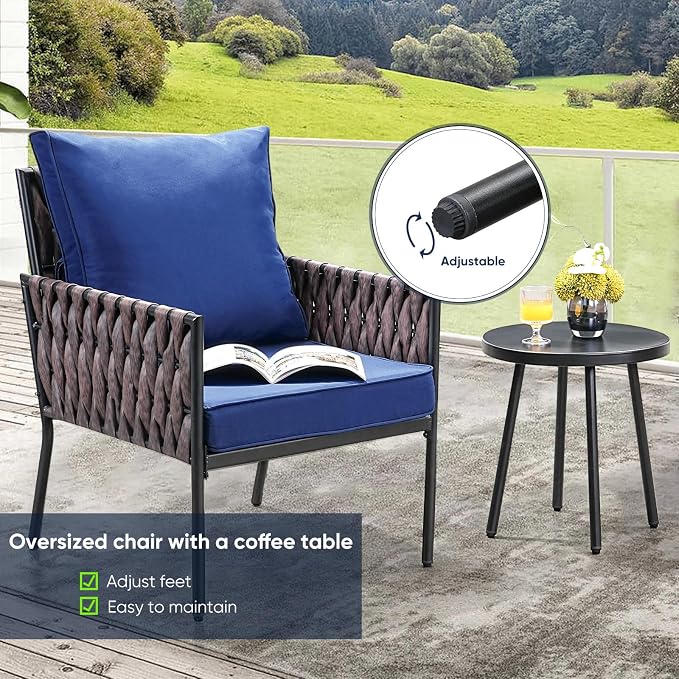 JOYURE 3-Piece Patio Furniture Set, Armchairs with Coffee Table,Modern Wicker Outdoor Conversation Set with Waterproof Thick Cushion for Deck,Backyard,Porch,Navy