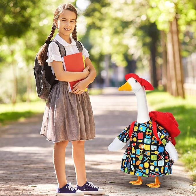 FuWeave Back to School Porch Goose Outfit Set for Plastic Statue Lawn Porch Goose Clothes with Schoolbag for Patio Decor
