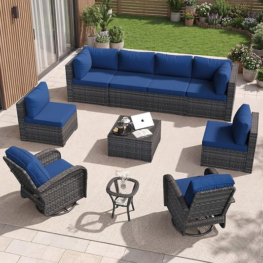 Aoxun 10 Piece Outdoor Patio Furniture Set with Coffee Table, Wicker Rattan Outdoor Furniture with High Back Swivel Rocker Chairs, Outdoor Conversation Set with Thick Cushion & Ottoman, Navy Blue