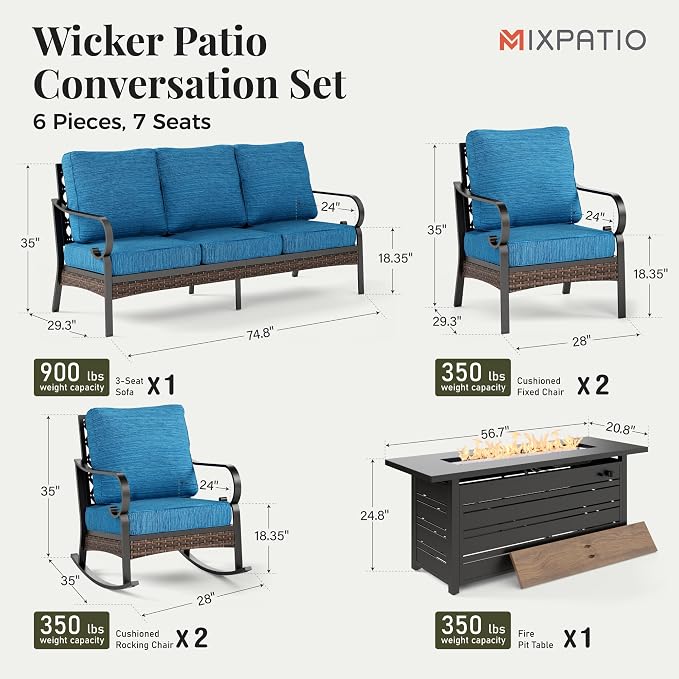 MIXPATIO Patio Furniture Set with Fire Pit Table, Metal Outdoor Conversation Set with 5.75'' Extra Thick Cushion, 2 Rocking Chairs, 2 Leg Chairs, 3-Seat Sofa and Gas Fire Pit Table, Pacific Blue