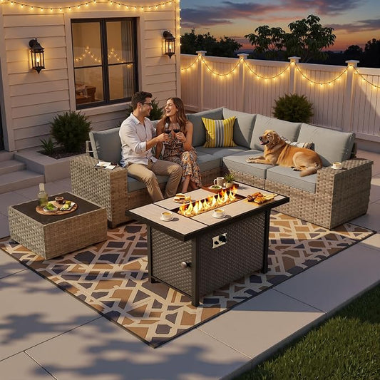 7-Piece Patio Furniture Set, Outdoor Wicker Rattan Patio Furniture Sectional Set with Coffee Table, All Weather Outdoor Fire Pit Conversation Set for Porch Backyard Balcony Garden, Dark Gray