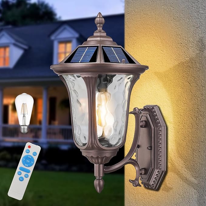 Outdoor Light Fixtures Wall Mount Dusk to Dawn Solar Exterior Wall Sconce Lanterns Remote Control with Water Ripple Glass Lamp Shade for Patio Yard House Hallway, 17'' Medium ORB Color