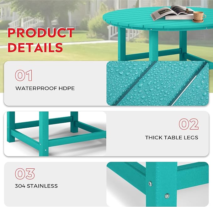 Costaelm Patio Conversation Set, Outdoor Chairs Set of 5 Balcony Firepit Furniture Outdoor Adirondack Round Table and Chair Backyard Furniture Set for Lawn Porch Pool Garden, Turquoise