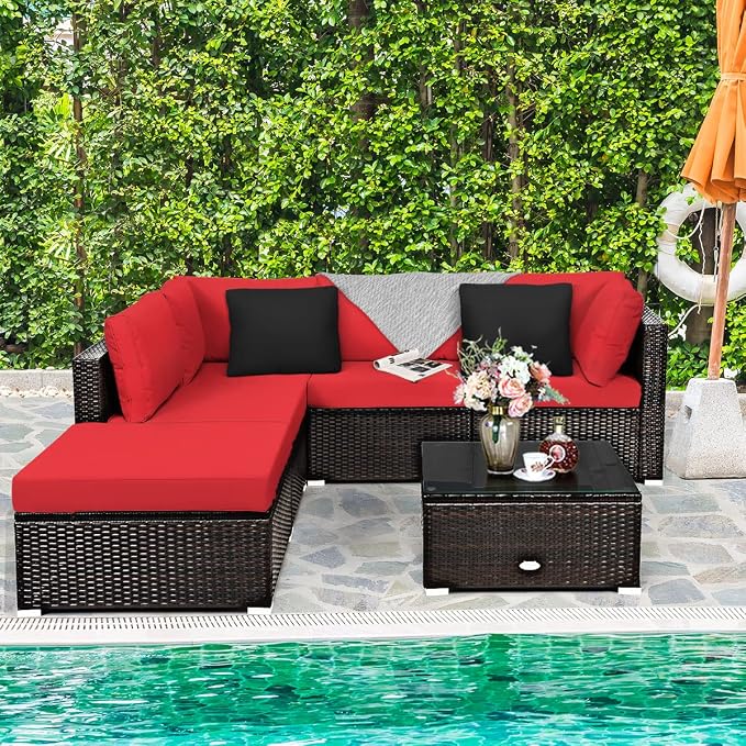 Tangkula 6 Piece Patio Furniture Set, Outdoor Deck Lawn Backyard Sectional Sofa with Coffee Table, Durable Steel Frame PE Rattan Wicker Conversation Set (Red)