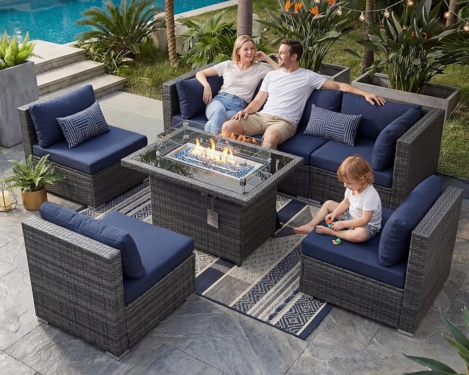 NICESOUL 29.3'' High-Back Outdoor Patio Conversation Set with Fire Pit Table Gas Propane Dual-Fuel, 7 Pcs Oversized Deep & Wide Seated Wicker Sectional Sofa Furniture Set with Firepit, Navy Blue