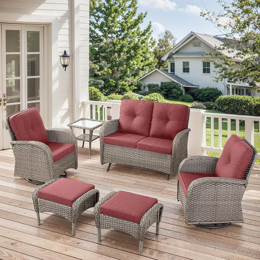 6 Pieces Patio Wicker Furniture Set-Outdoor Swivel Chairs Set of 2 Outdoor Glider Love seat with Outdoor Footstool Patio Furniture for Deck Porch Garden Balcony Poolside-Grey/Red