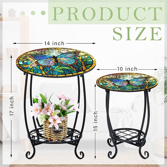Cinnvoice 2 Pcs Outdoor Side Table Small Patio Round Mosaic Accent End Table Indoor Plant Metal Coffee Tea Tables for Patio Yard Porch Garden Living Room(10" and 14",Butterfly Style)