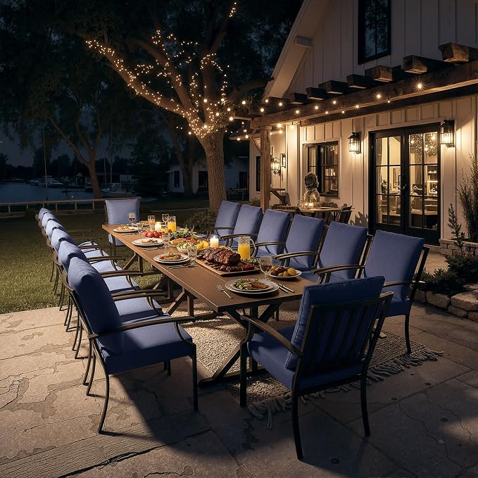Kullavik 16 Pieces Outdoor Dining Set,Patio Dining Table and Chairs Set for 14,Fence Pattern Back Chairs with Thickened Cushions & X-Frame Metal Dining Table with Umbrella Hole for Patio,Navy Blue