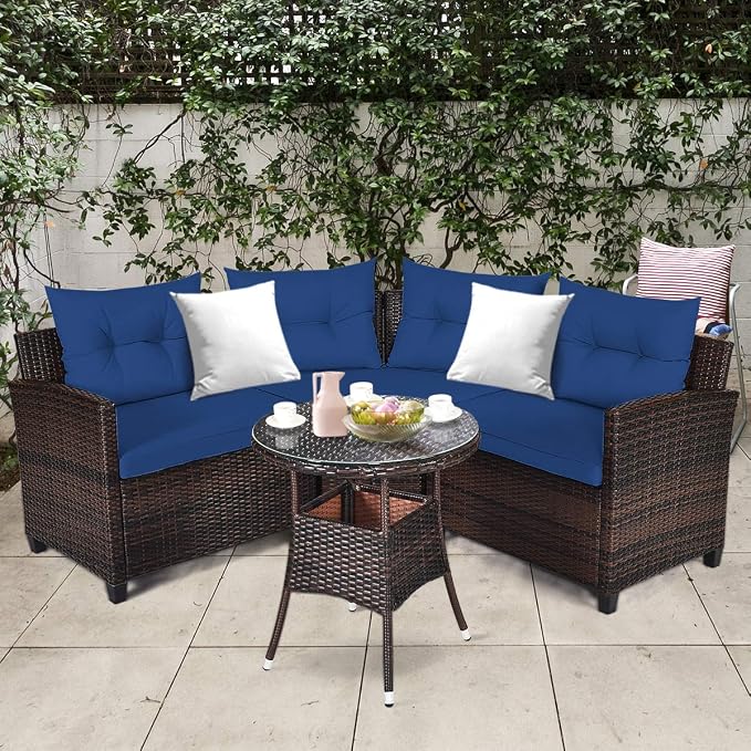 Tangkula 4-Piece C Shape Patio Furniture Set, Outdoor Corner Wicker Rattan Sectional Cushioned Sofa Set, with Glass Coffee Table, for Garden Poolside Balcony (Navy Blue)