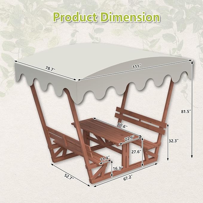 Hohuqeri Wood Outdoor Picnic Table Set, Wooden Outside Dining Table Set with Built-in Benches for 4-6 People, Patio Table and Bench Set with Detachable Sunshade Canopy for Backyard Garden Porch Deck