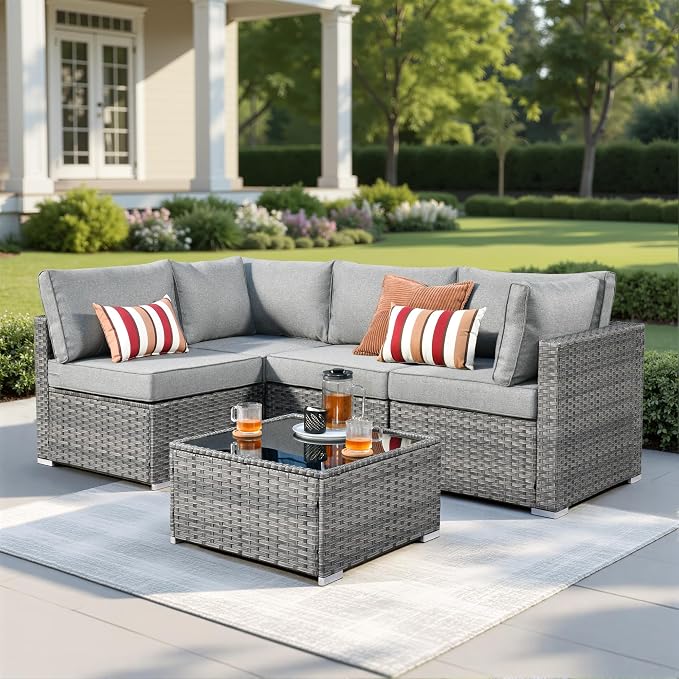 Weaxty 5 Pieces Wicker Patio Furniture Sets, Outdoor Sectional Sofas with Coffee Table, Thicken Cushion All Weather Rattan Patio Conversation Couch Set for Porch Balcony Yard Poolside, Dark Grey