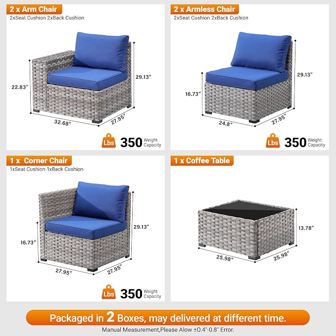 6 Pieces Patio Furniture Set, Outdoor Wicker Sectional Sofa with 7.7" Extra Wide Armrests, Modern Rattan Modular Conversation Set with Thickened Deep Seat Cushions for Backyard, Navy Blue