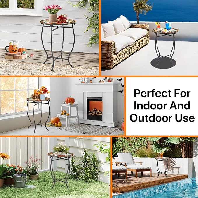 Outdoor Side Table, 17 Inch Tall Weather Resistant Patio Side Table Plant Stand for Indoor Outdoor Use, Metal Round Table for Flower Pots Vase Home Decor, Easy Assemble