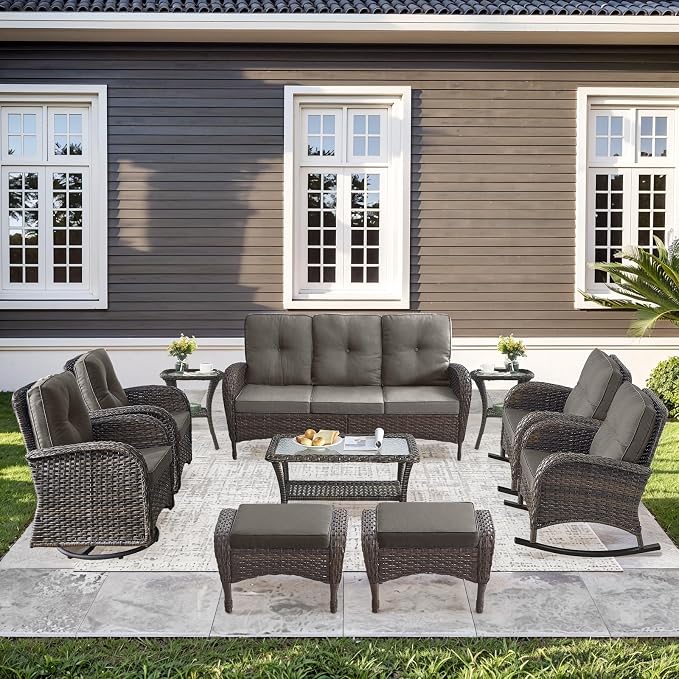10-Piece Patio Furniture Set-Patio Rocking Chairs Set of 4 Outdoor Rattan Sofa Sets with Coffee Table Outdoor Patio Furniture Sets for Deck Porch Garden Balcony Poolside-Brown/Grey