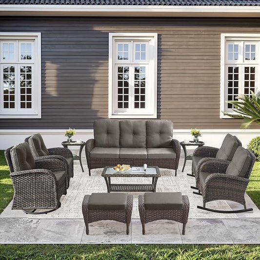 10-Piece Patio Furniture Set-Patio Rocking Chairs Set of 4 Outdoor Rattan Sofa Sets with Coffee Table Outdoor Patio Furniture Sets for Deck Porch Garden Balcony Poolside-Brown/Grey